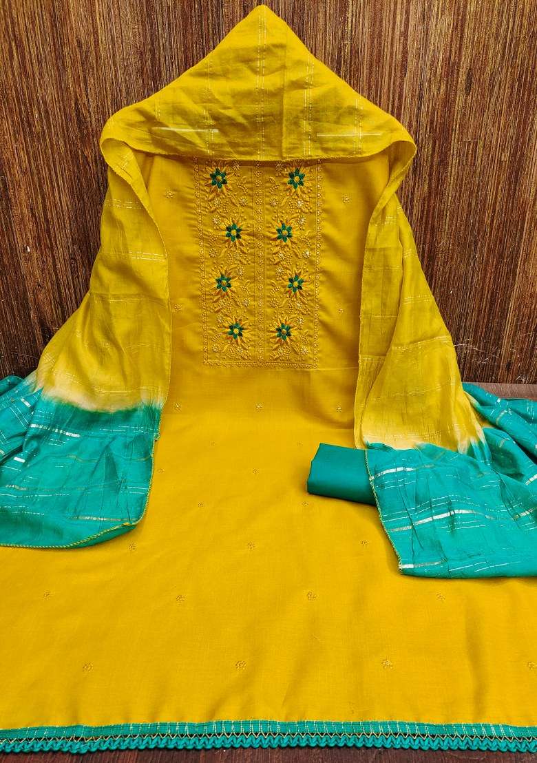Yellow Embroidered Blended Straight Kurta Set - Indya