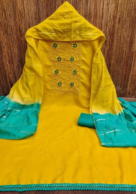 Yellow Embroidered Magic Slub Dress Material