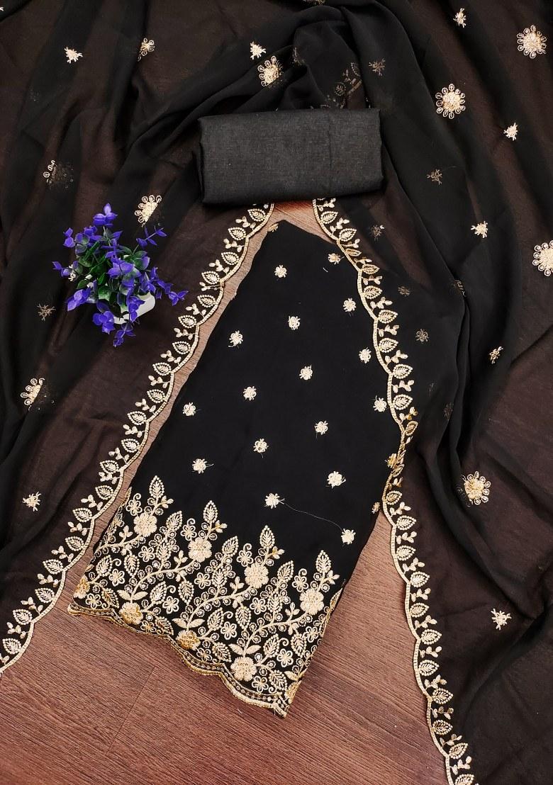 Black Embroidered Georgette Dress Material - Indya
