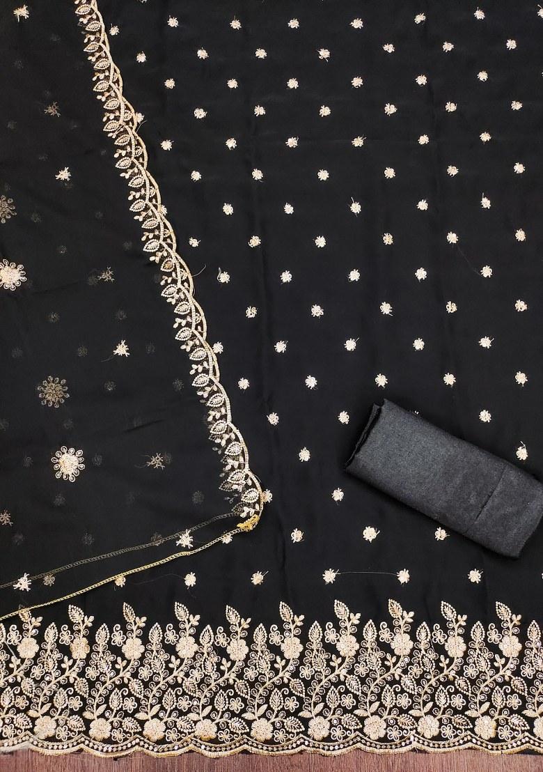 Black Embroidered Georgette Dress Material - Indya