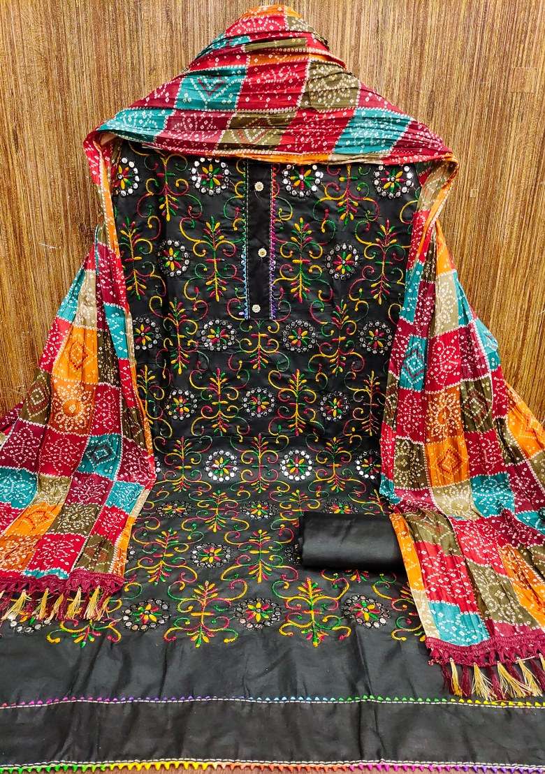 Black Embroidered Blended Punjabi Suit - Indya