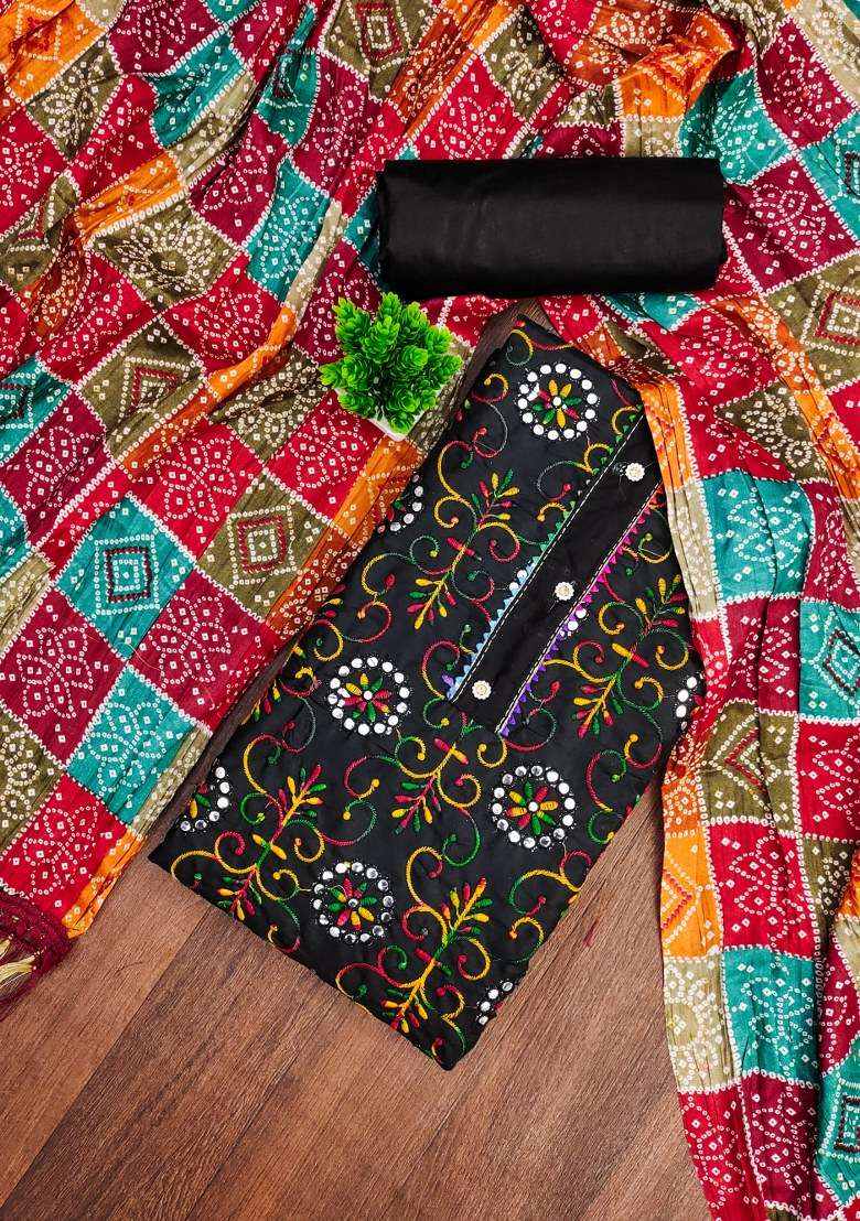Black Embroidered Blended Punjabi Suit - Indya