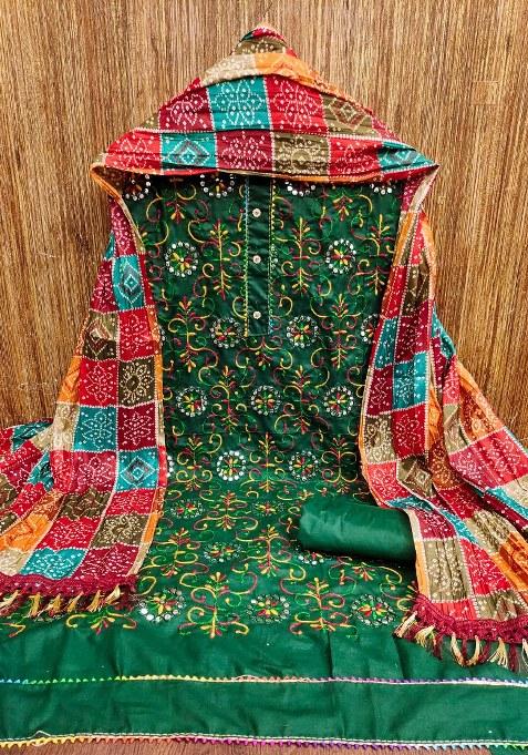 Green Embroidered Blended Punjabi Suit