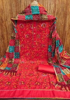 Red Embroidered Cotton Blend Dress Material