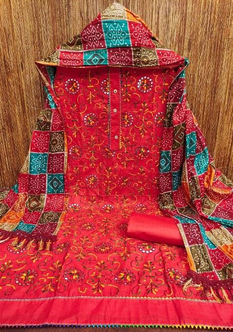 Red Bandhani Blended Punjabi Suit