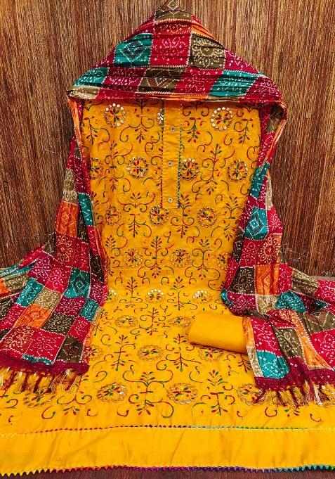 Yellow Embroidered Blended Straight Kurta Set