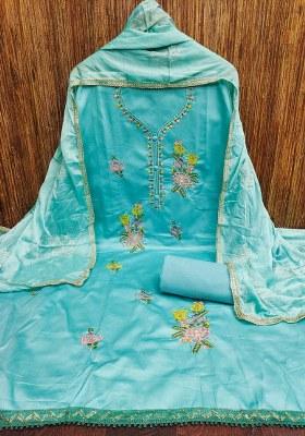 Sky Blue Embroidered Cotton Blend Dress Material