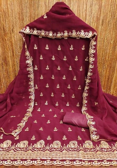 Maroon Embroidered Georgette Dress Material