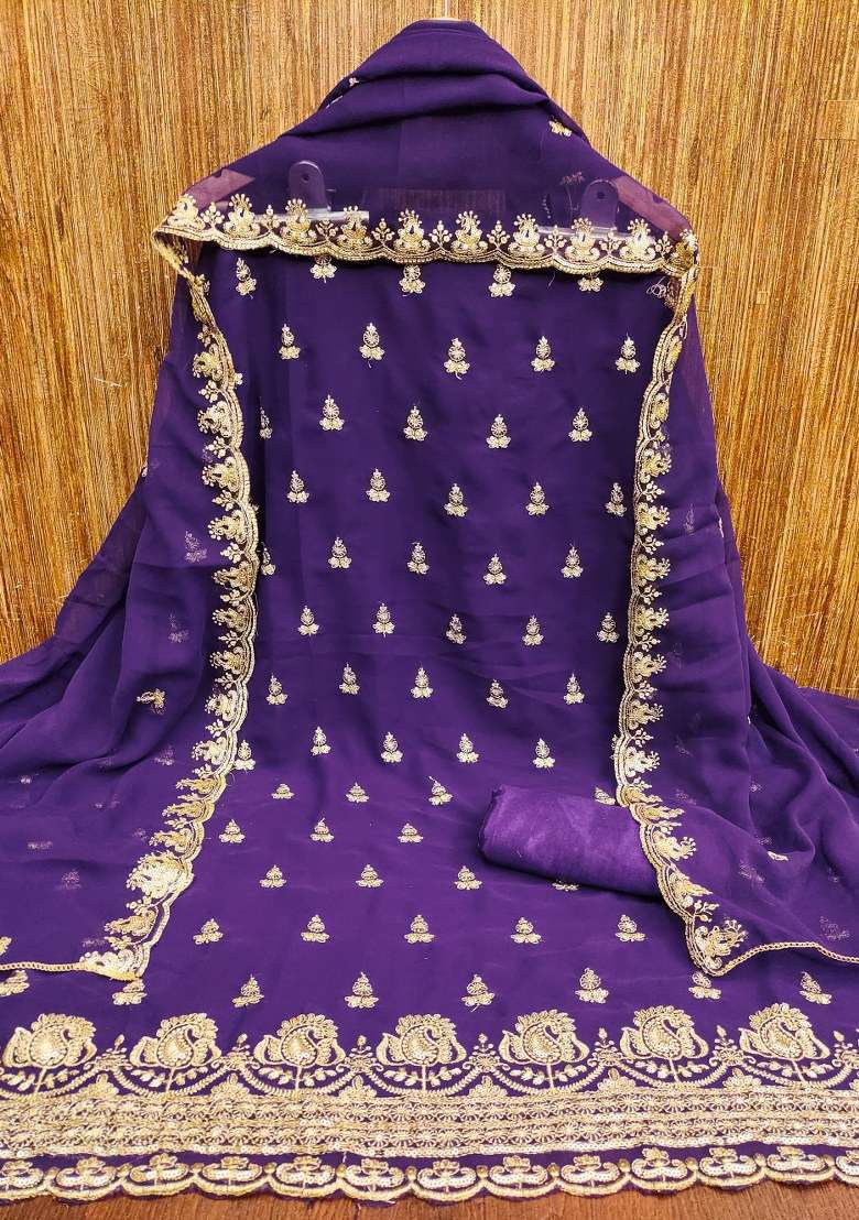 Navy Blue Embroidered Georgette Pakistani Suit Set - Indya