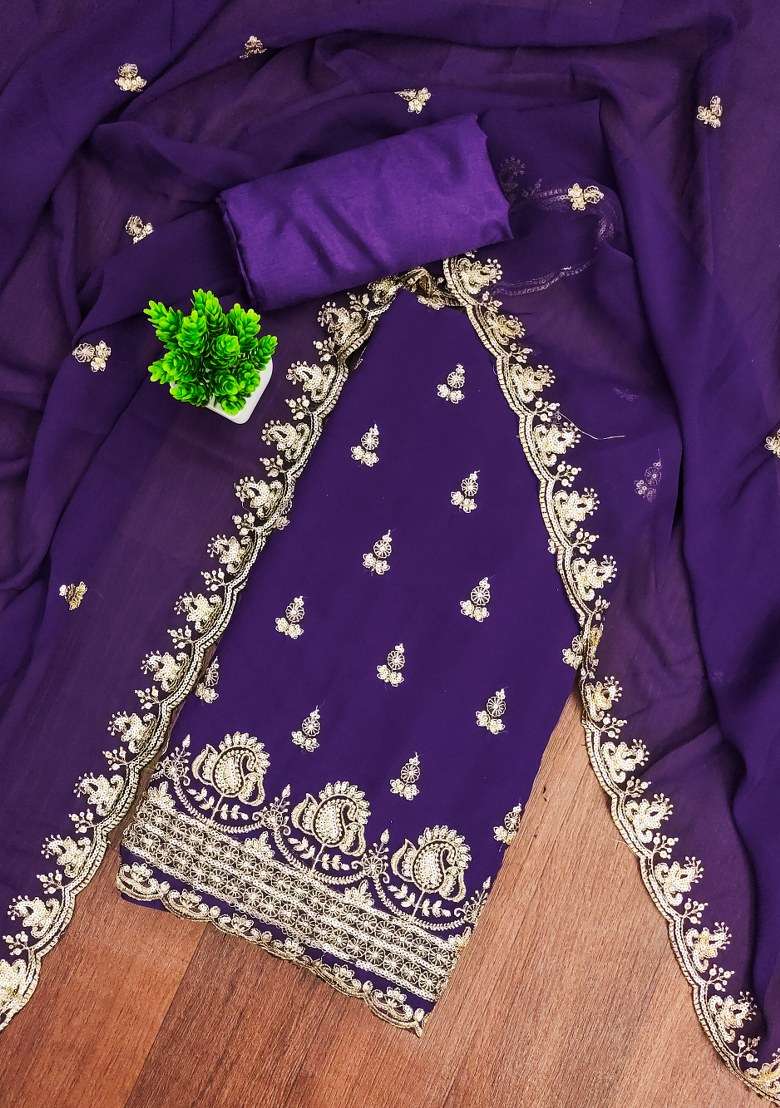 Navy Blue Embroidered Georgette Pakistani Suit Set - Indya