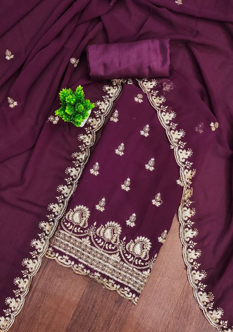 Purple Embroidered Georgette Punjabi Suit - Indya