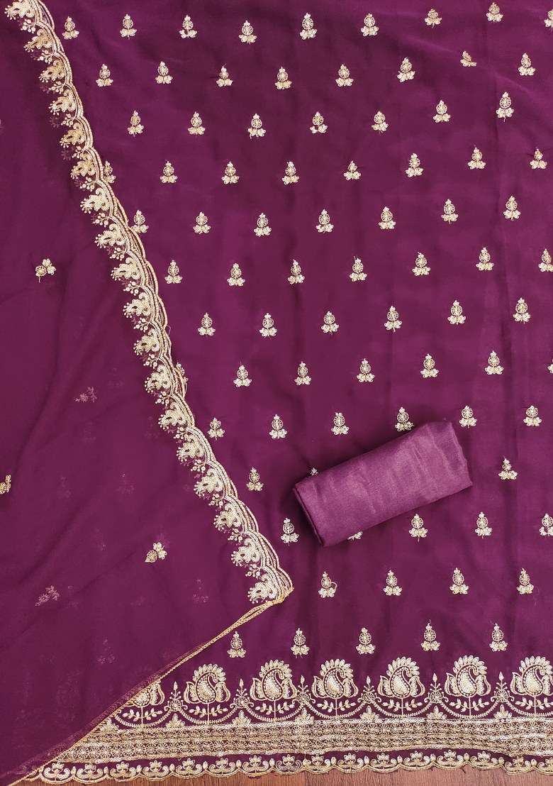 Purple Embroidered Georgette Punjabi Suit - Indya