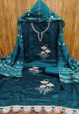 Blue Embroidered Cotton Blend Dress Material