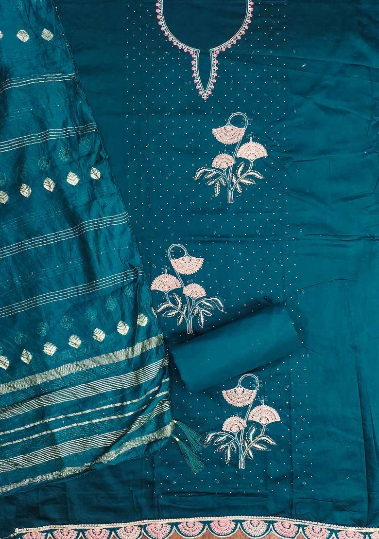 Blue Embroidered Blended Straight Kurta Set - Indya