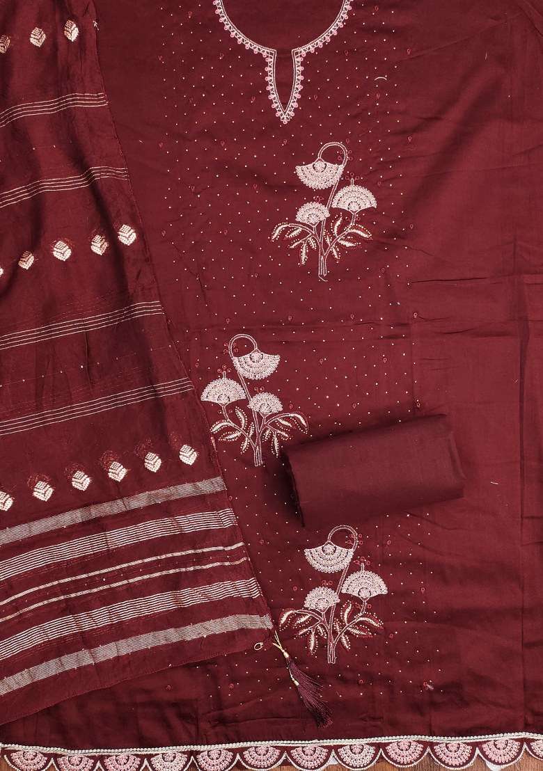 Maroon Embroidered Cotton Straight Kurta Set - Indya