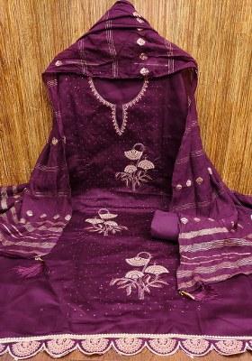 Purple Embroidered Cotton Blend Dress Material