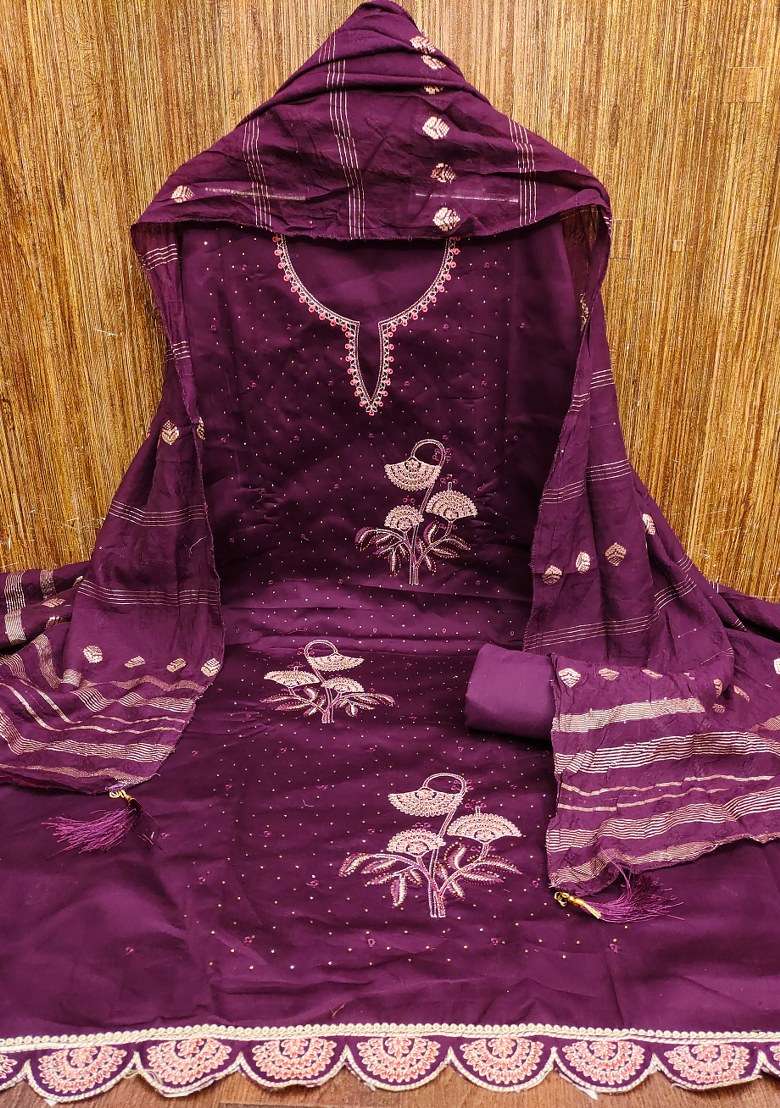 Purple Embroidered Blended Straight Kurta Set - Indya
