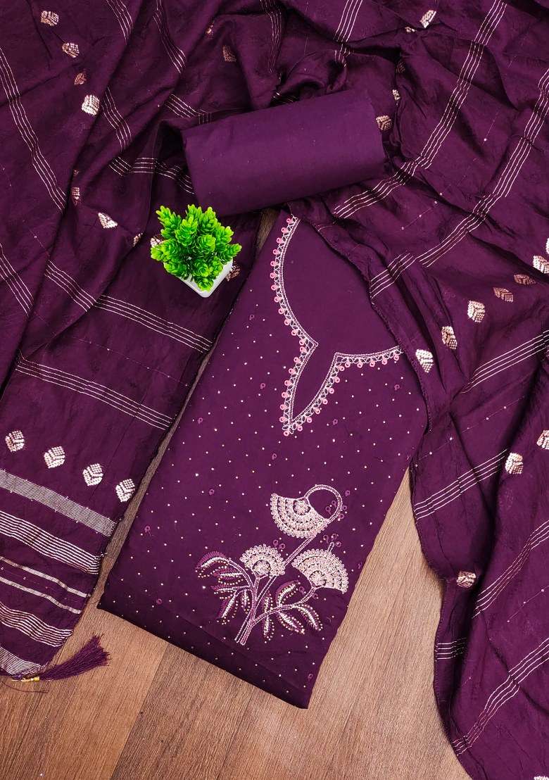 Purple Embroidered Blended Straight Kurta Set - Indya