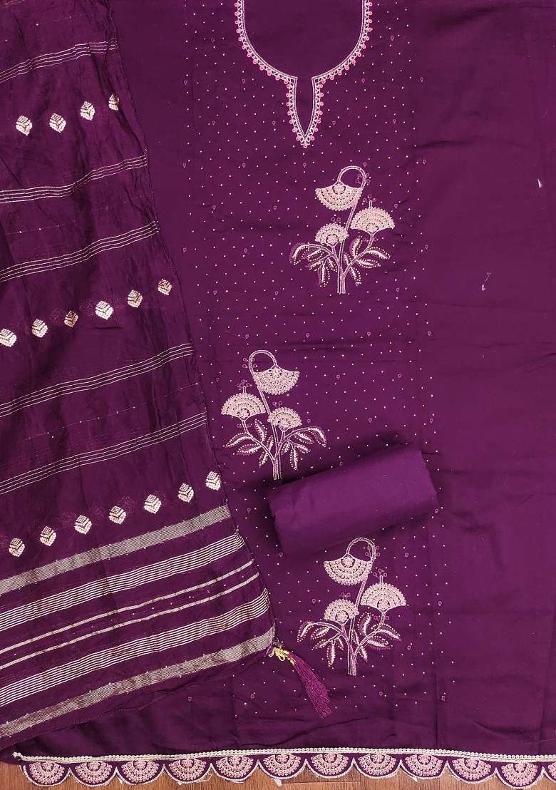 Purple Embroidered Blended Straight Kurta Set - Indya