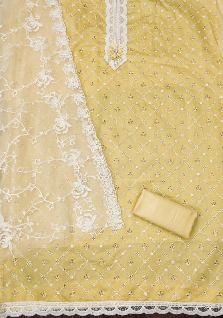 Beige Embroidered Silk Dress Material