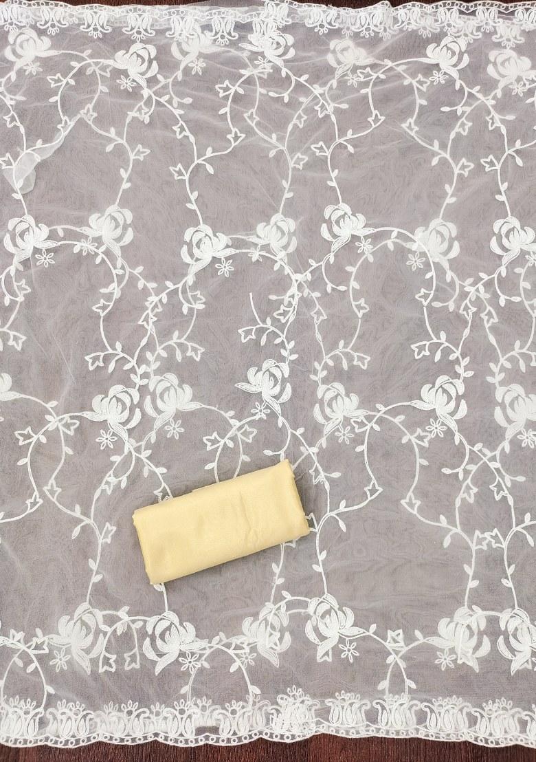 Beige Embroidered Silk Dress Material