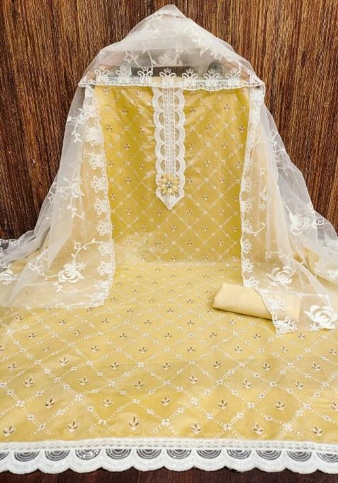 Beige Embroidered Silk Dress Material