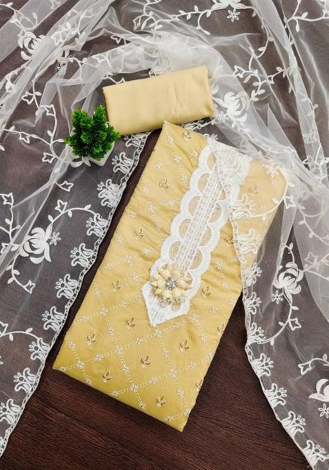 Beige Embroidered Silk Dress Material