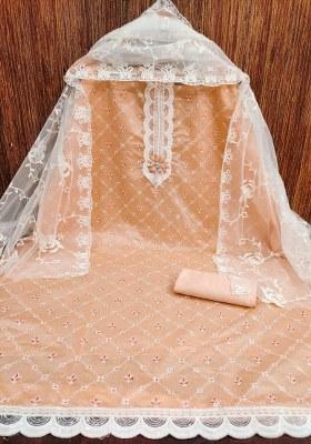 Peach Embroidered Silk Dress Material