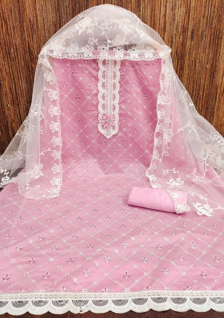 Pink Embroidered Silk Dress Material