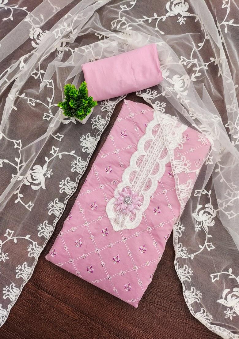 Pink Embroidered Silk Dress Material