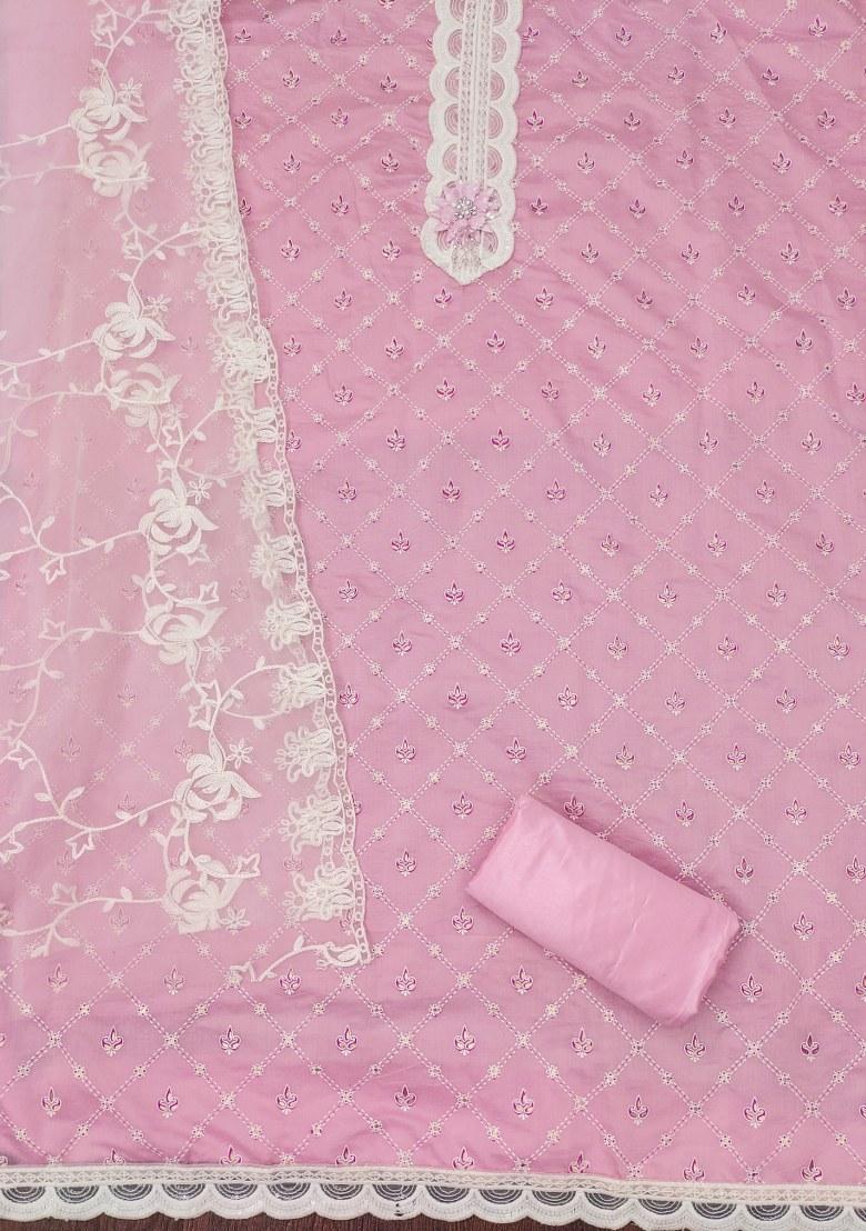 Pink Embroidered Silk Dress Material