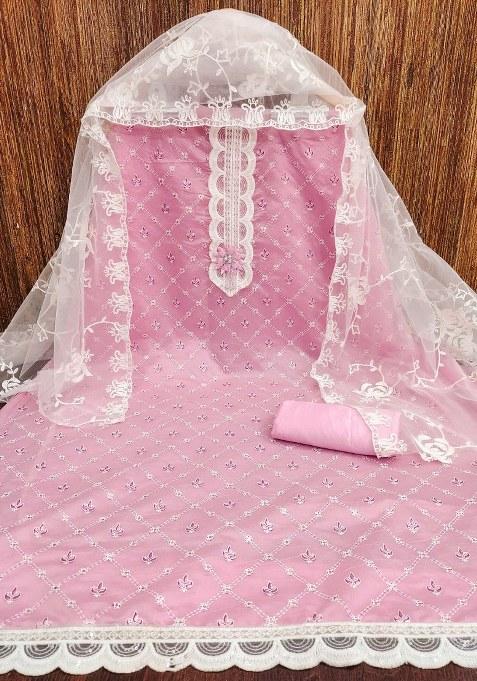 Pink Embroidered Silk Dress Material