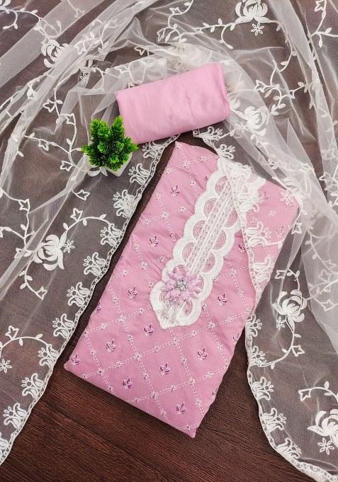 Pink Embroidered Silk Dress Material