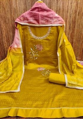 Mustard Embroidered Cotton Blend Dress Material