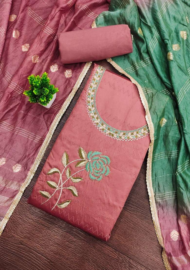 Rust Embroidered Cotton Straight Kurta Set - Indya