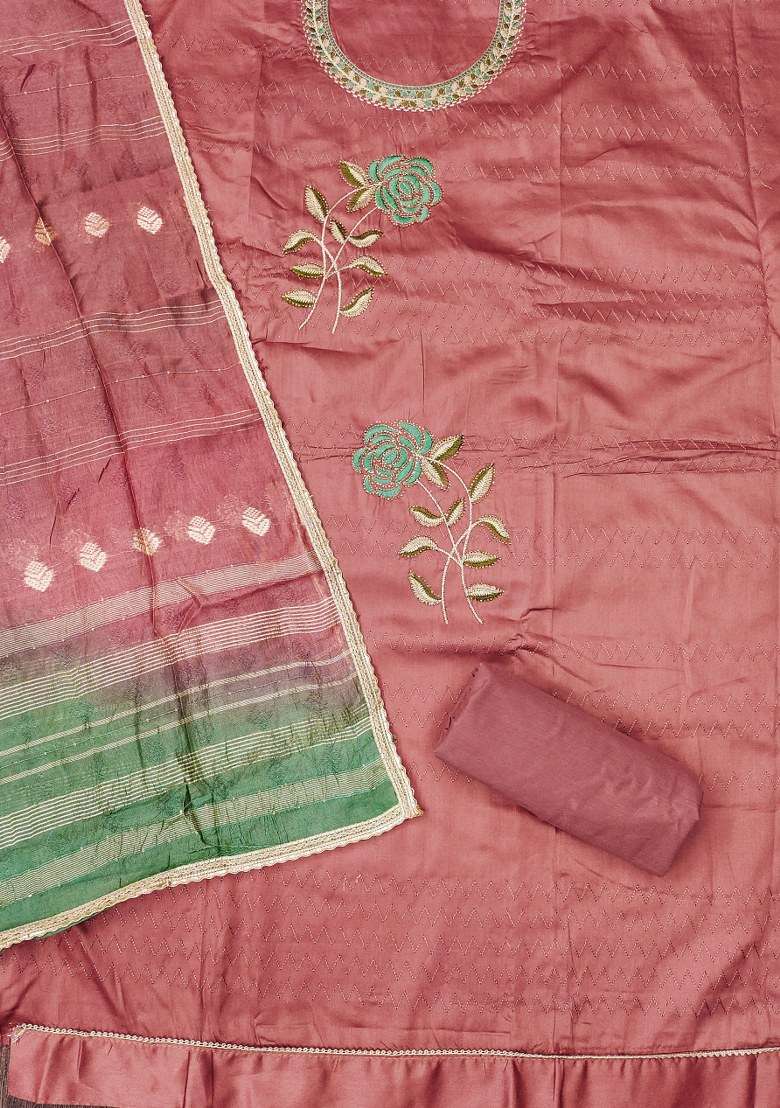 Rust Embroidered Cotton Straight Kurta Set - Indya