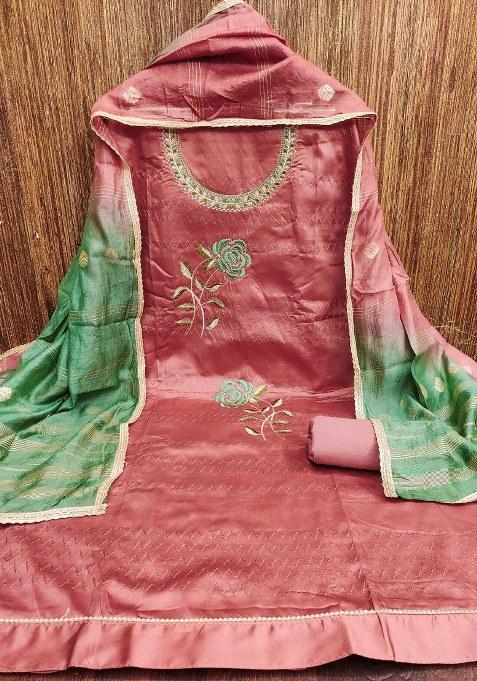 Rust Embroidered Cotton Blend Dress Material