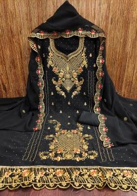 Black Embroidered Georgette Dress Material