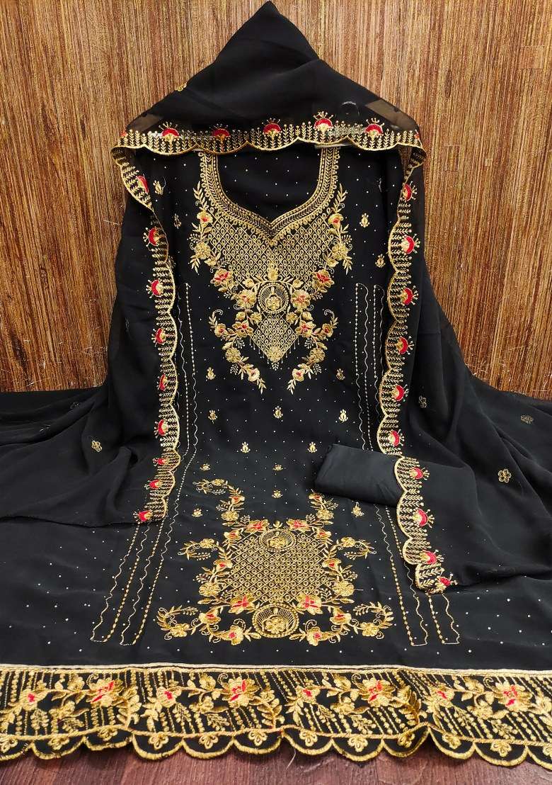 Black Embroidered Georgette Pakistani Suit Set - Indya