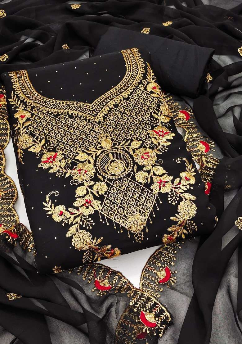 Black Embroidered Georgette Pakistani Suit Set - Indya