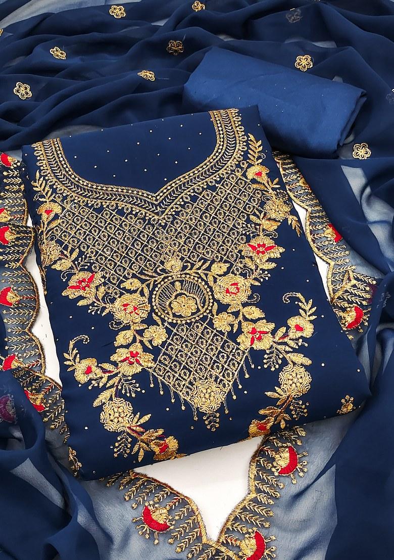 Blue Embroidered Georgette Dress Material