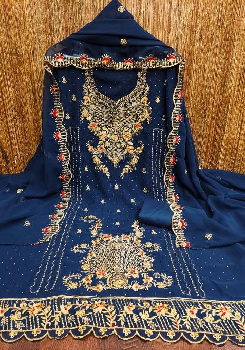 Blue Embroidered Georgette Dress Material