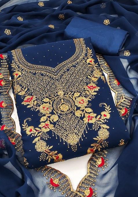 Blue Embroidered Georgette Dress Material