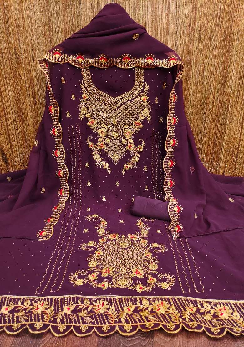 Purple Embroidered Georgette Pakistani Suit Set - Indya