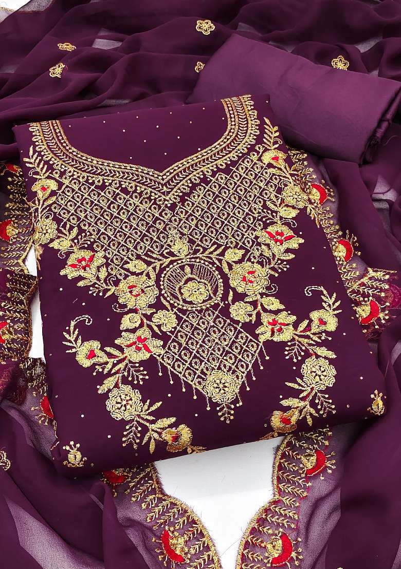 Purple Embroidered Georgette Pakistani Suit Set - Indya