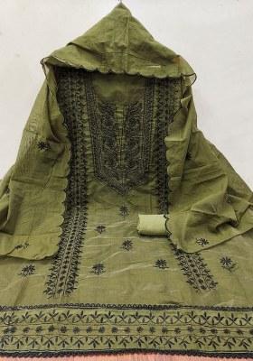 Olive Green Embroidered Cotton Blend Dress Material