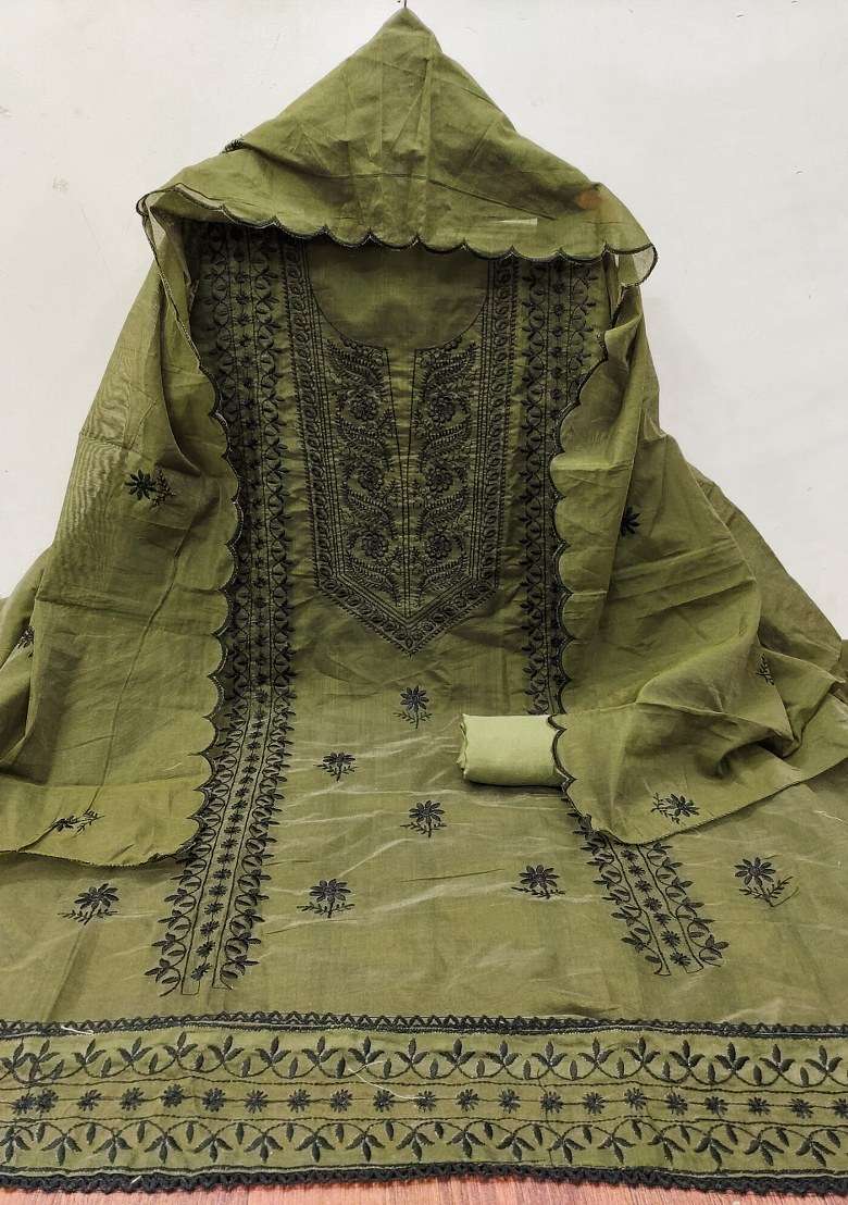 Olive Green Embroidered Cotton Straight Kurta Set - Indya