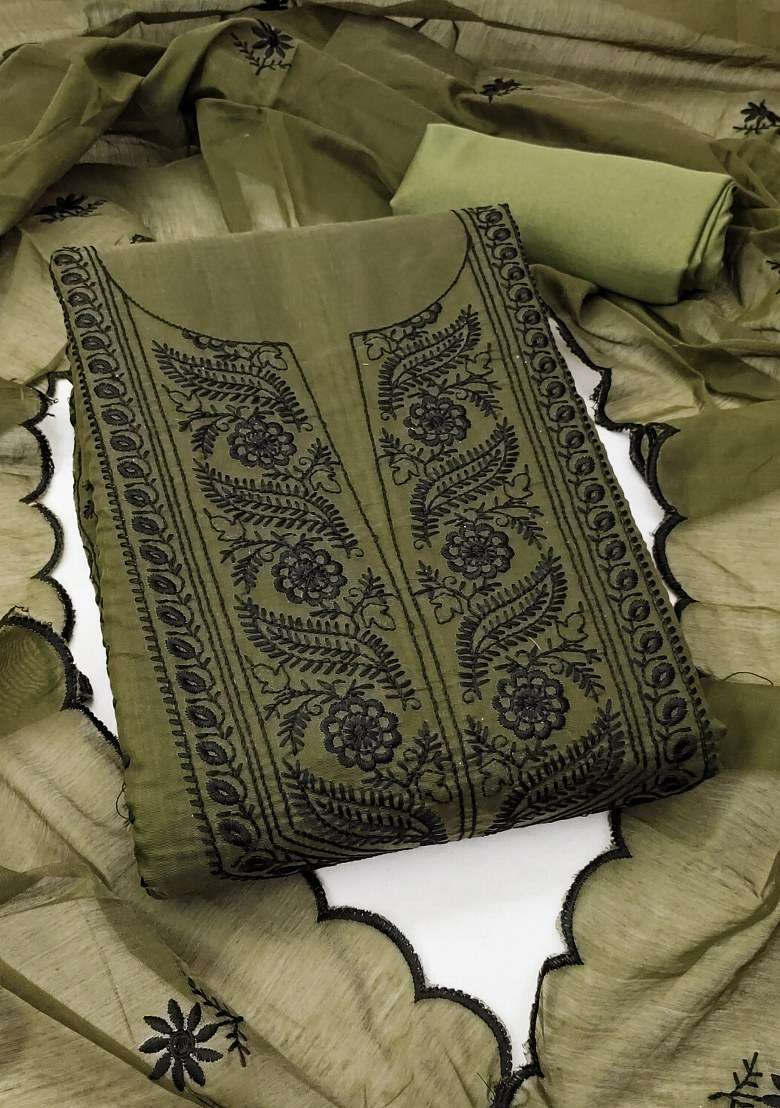 Olive Green Embroidered Cotton Straight Kurta Set - Indya