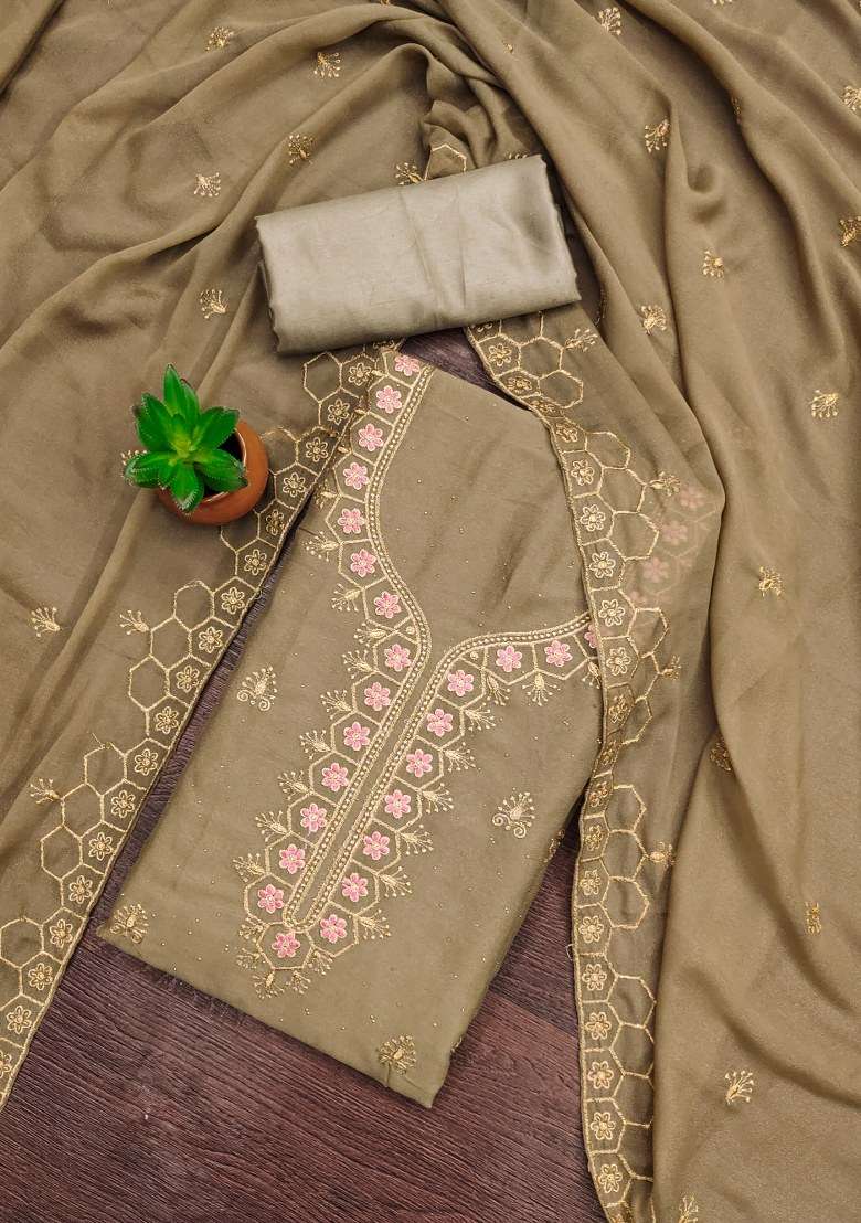 Beige Embroidered Georgette Straight Kurta Set - Indya