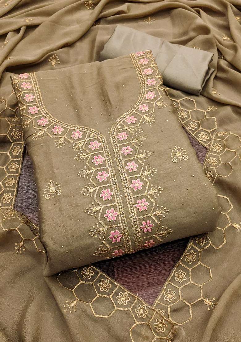 Beige Embroidered Georgette Straight Kurta Set - Indya
